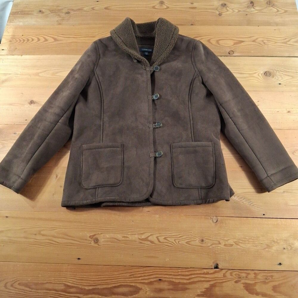 Lands End Faux Suede Jacket Sherpa Lining Womens Large Brown